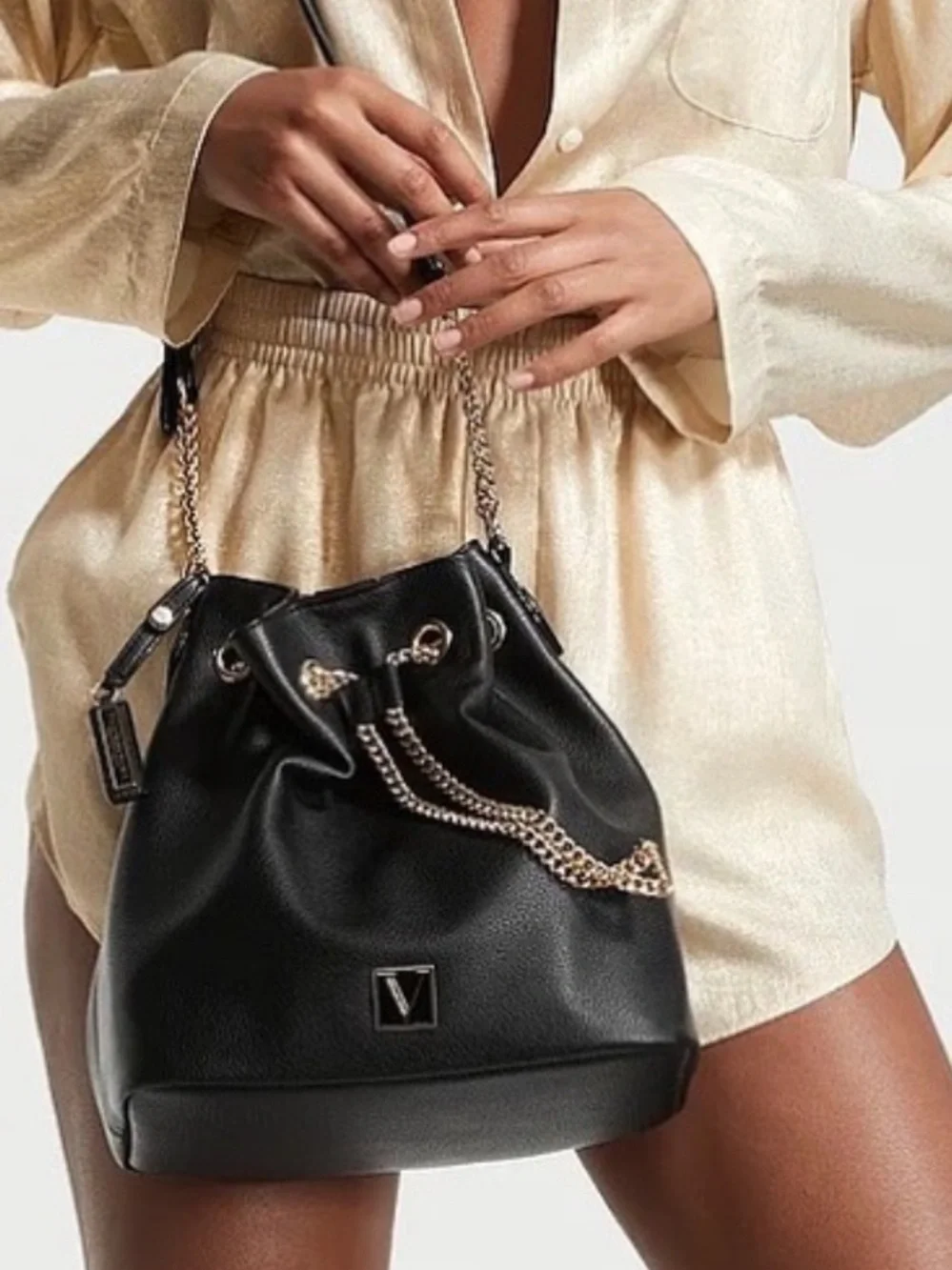 Victoria's Secret Black Drawstring Chain-Accent Hobo